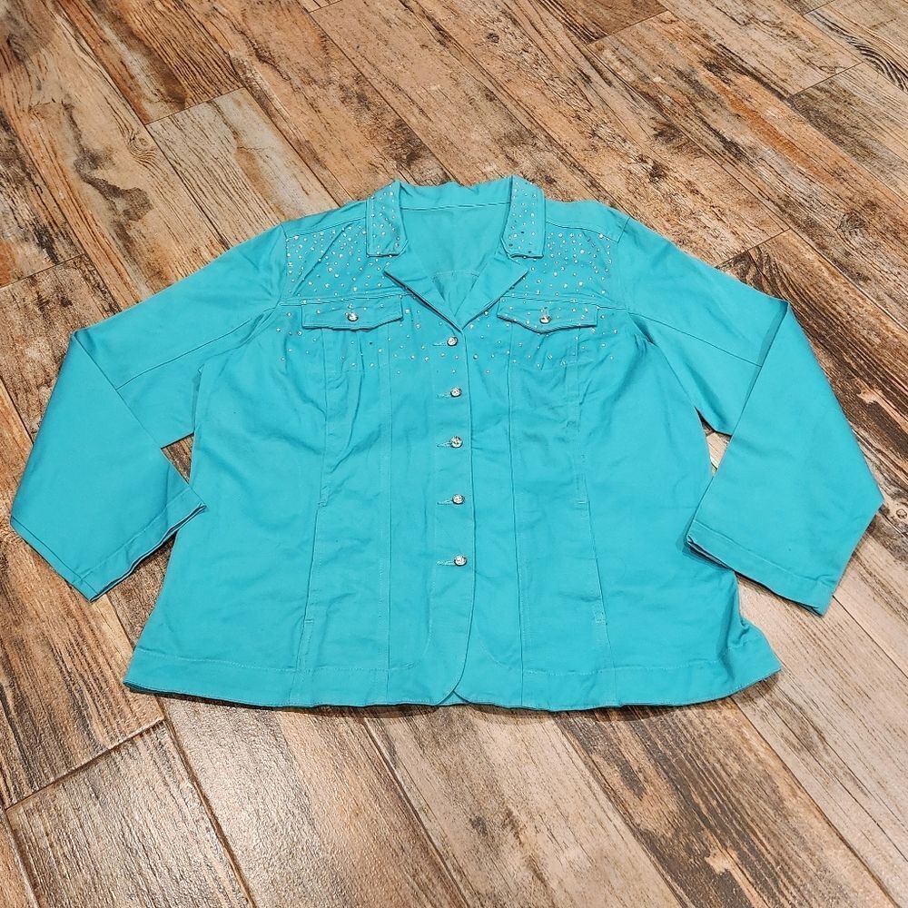 🔸️Vintage NWT Turquoise Rhinestone Embellished Jean Jacket Size 1X